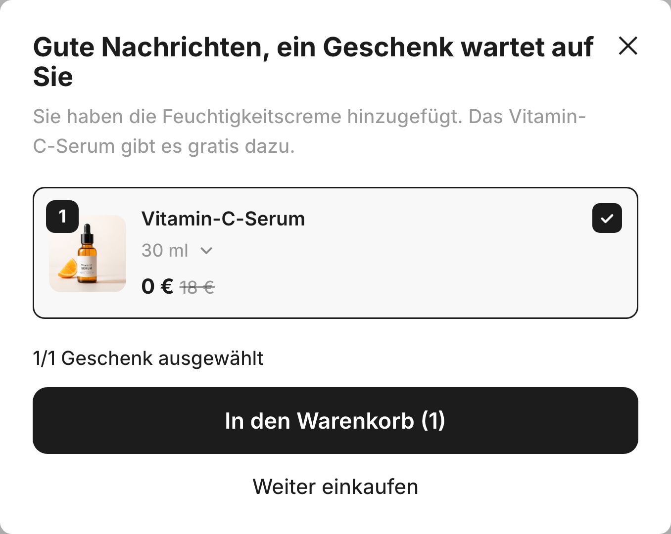 Das Fenster, das das Geschenk zum gekauften Produkt anbietet