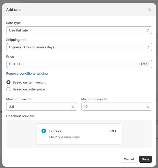 Shopify shipping rate settings showing a free express shipping option for orders between 2.5 lb and 10 lb.