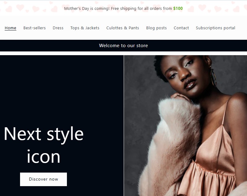 Shopify storefront with an announcement bar offering free shipping for orders over $100 for Mother's Day.
