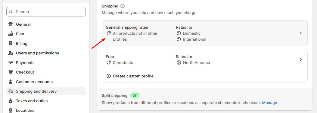 Shipping and delivery settings in Shopify admin with a red arrow pointing to 'General shipping rates' for products not in custom profiles.