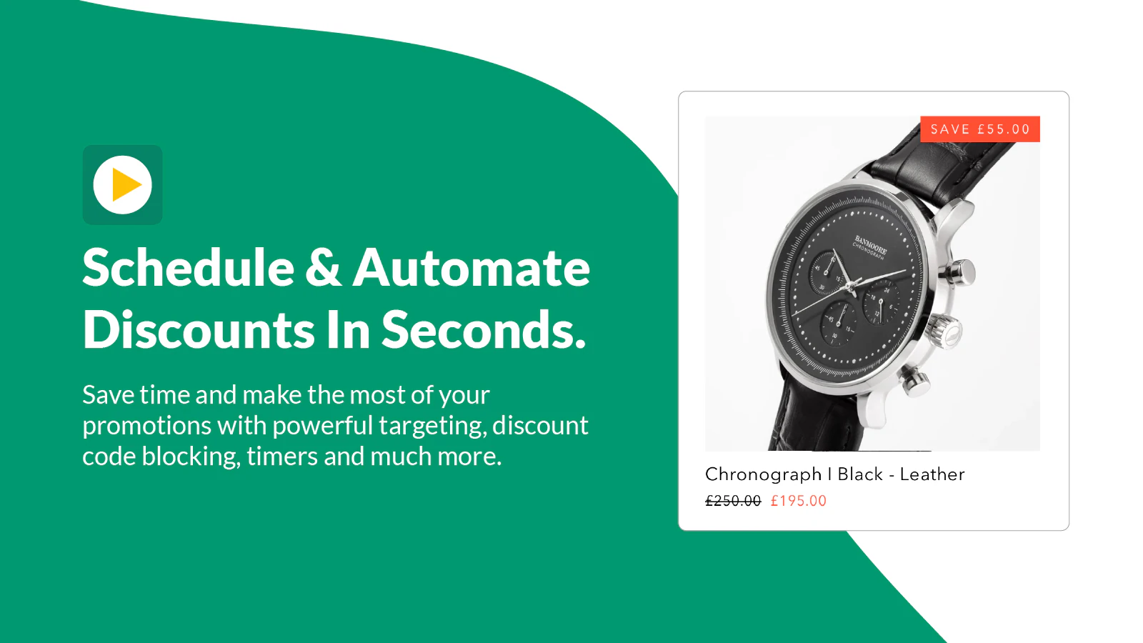 506 GetSale Bulk Discounts app interface showing automated pricing drop with scheduled sale for a luxury watch.