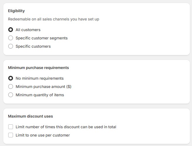 Shopify discount setup screen showing eligibility, minimum purchase requirements, and usage limits.