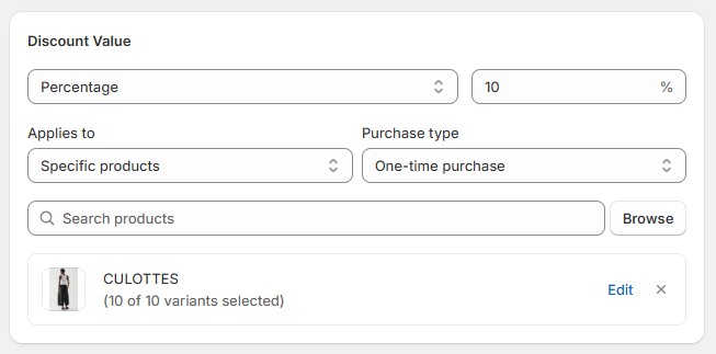 Shopify discount builder showing a 10% discount on selected product variants with one-time purchase option.