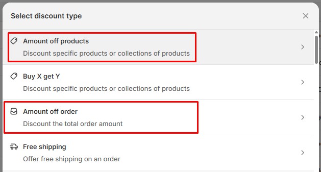 Shopify admin interface showing discount types: amount off products, amount off order, buy X get Y, and free shipping.