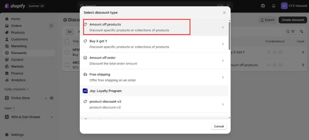 Choose Amount off products for a product discount on Shopify
