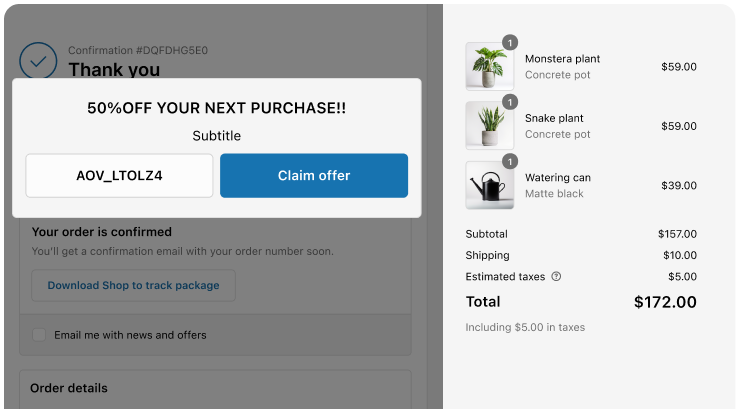 Thank you page upsell showing product offers and coupon options after order confirmation