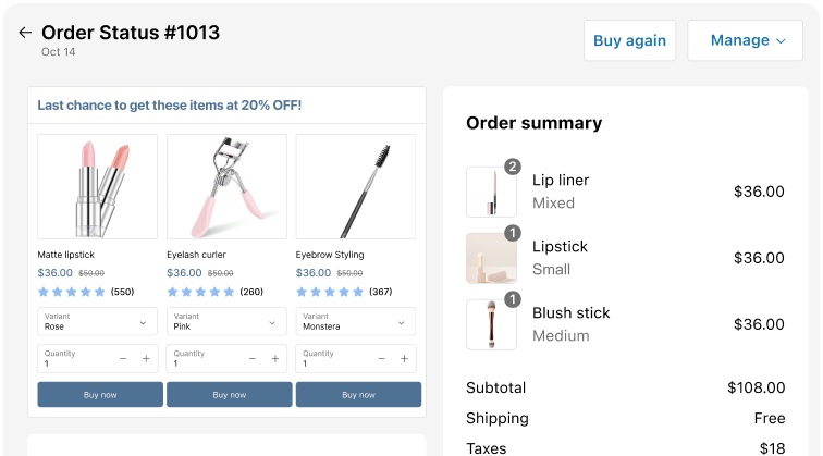 Order status page with upsell product and collection offers displayed
