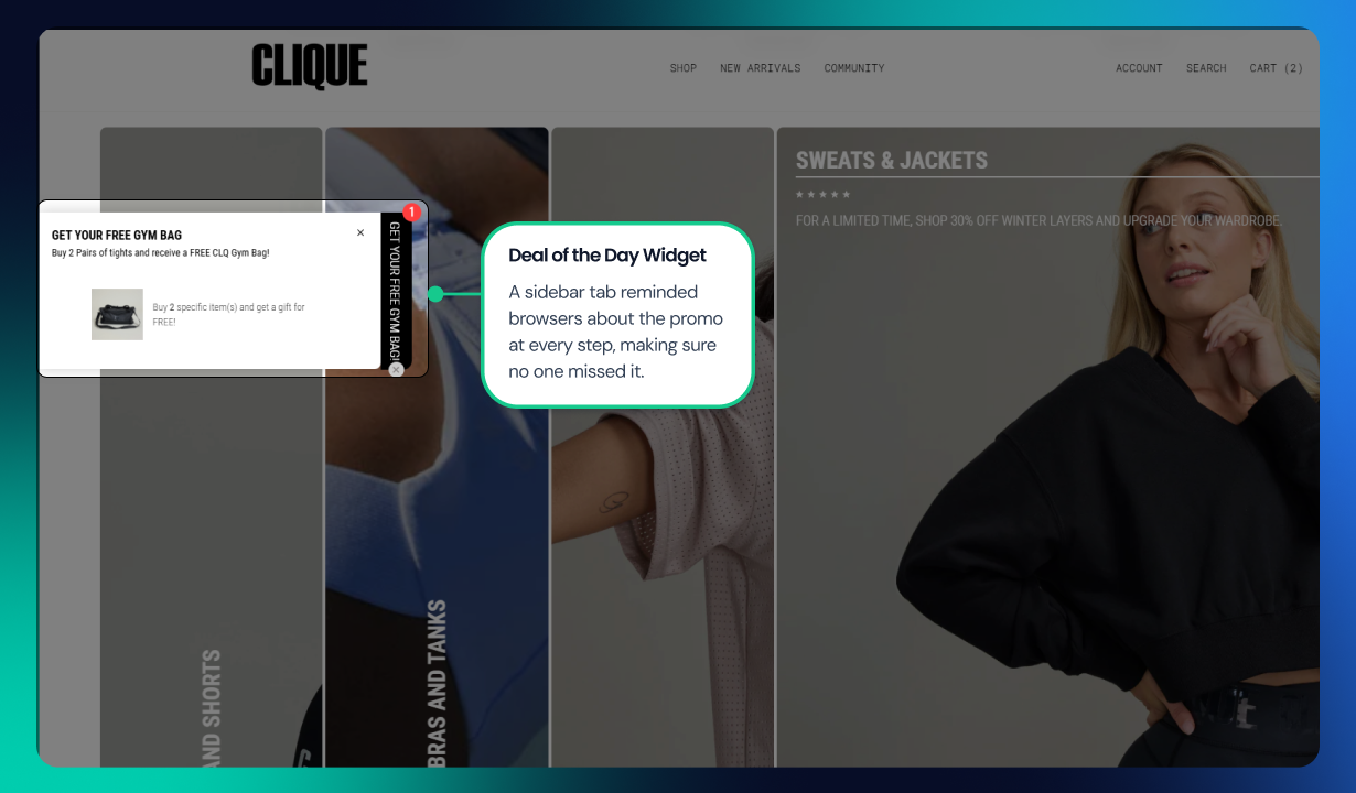 Clique promotion card displaying buy 2 get free gym bag offer
